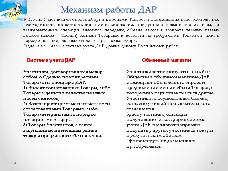 Механизм работы ДАР ● Замена Участниками операций купли/продажи Товаров, порождающих налогообложение, необходимость декларирования и